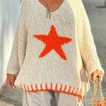 Warm Winter Day Texture Knit Star Pattern Contrast Color Loose Sweater