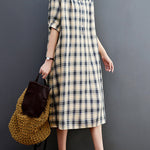 Half Sleeves Loose Plaid Lapel Midi Dresses