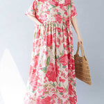 A-line Batwing Sleeves Flower Print Pleated Split-Joint Round-neck Midi Dresses