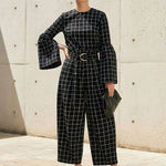 Flared Sleeves Long Sleeves Contrast Color Plaid Split-Joint Round-Neck Blouses&Shirts Tops