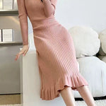 Long Sleeves Loose Ruffled Solid Color Round-Neck Midi Dresses Sweater Dresses
