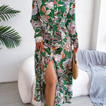 Long Sleeves Buttoned Flower Print Tied Waist Lapel Maxi Dresses