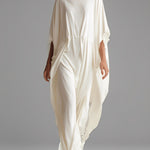 Women's Cream Woven Dress With Oversized Silhouette & Cinched Waist, Modern Minimalist-Chic Style Dress