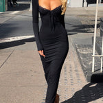Bodycon High Waisted Bow-Embellished Solid Color Split-Joint Tied Square-Neck Maxi Dresses