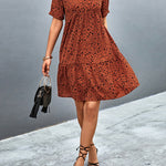 Short Sleeves Flower Print Split-Joint V-Neck Mini Dresses