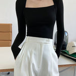 Long Sleeves Skinny Solid Color Square-Neck T-Shirts Tops