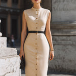 Sleeveless Button-Front Midi Dress With Waist Belt