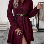 A-Line Elasticated Waist Belted Buttoned Pleated Solid Color Split-Joint Stand Collar Midi Dresses Shirt Dress