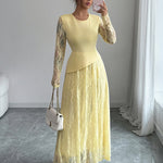 A-Line Irregularity Asymmetric Flower Print Layered See-Through Solid Color Split-Joint Round-Neck Maxi Dresses