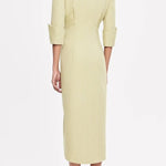 Elegant Look Linen Blend Stand Lapel Neck Half Sleeve Side Button Midi Dress