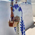 Linen Blend Unique Printed V-Neck Hollow Backless Lace-Up Holiday Maxi Dress