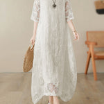 Half Sleeves Loose Gauze See-Through Solid Color Round-Neck Maxi Dresses