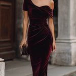 Midnight Asymmetrical Velvet Midi Dress