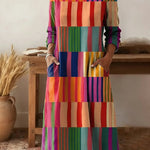 Women'S Round Neck Color-Block Striped Loose-Fitting Dress