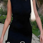 High Waisted Sleeveless Ruffle Trim Solid Color Round-Neck Mini Dresses