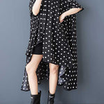 A-Line High-Low Asymmetric Buttoned Polka-Dot Lapel Midi Dresses Shirt Dress