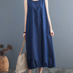 A-Line Loose Buttoned Pleated Solid Color Round-Neck Midi Dresses