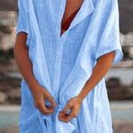 Loose solid color short-sleeved shirt dress beach sun protection clothing