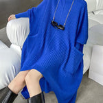 Batwing Sleeves High-Low Pockets Solid Color High-Neck Midi Dresses Sweater Dresses