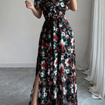 A-Line Loose Contrast Color Elasticity Flower Print Pleated V-Neck Maxi Dresses