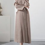Casual Long Sleeves Loose Tied Pleated Stand Collar Midi Dresses