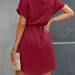 Loose Short Sleeves Solid Color Tied Waist Round-Neck Mini Dresses