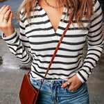 Stripe Casual Collared V Neck Lightweight Knit Sweater