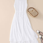 A-Line Loose Double Layered Solid Color Tied Waist Round-Neck Midi Dresses