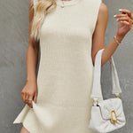 A-Line Loose Solid Color Split-Side Tied Waist Round-Neck Mini Dresses Sweater Dresses