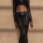 Balmy Summers Crochet Lace Floral Pattern Elastic Waist Fishtail Vacation Maxi Skirt