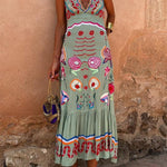 V-neck Casual Oil Painting Print Art Suspender Dress