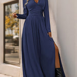 A-Line High Waisted Pleated Solid Color Split-Side V-Neck Maxi Dresses