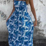 Elegant Hollow Tie Feather Print Ruffle Sleeve Maxi Dress