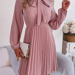 Long Sleeves Loose Pleated Solid Color Tied Mock Neck Mini Dresses