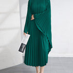 Urban Flared Batwing Sleeves Pleated Solid Color Round-Neck Midi Dresses