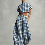 Women's Bold Cotton Blue & White Plaid Turtleneck Cropped Top & Lantern Wide-Leg Pants Set
