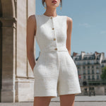 Sleeveless Boucl�� Button-Front Tailored Short Jumpsuit