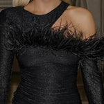 Cold Shoulder Feather Trim Shimmery Asymmetric Mini Dresses-Black [Pre Order]