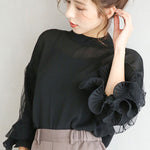 Simple Solid Color Puff Sleeve Mesh Splicing Chiffon Shirt