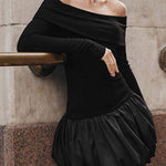 High Waisted Long Sleeves Contrast Color Pleated Split-Joint Off-The-Shoulder Mini Dresses
