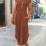 A-line Loose Pockets Solid Color Split-Joint Round-neck Midi Dresses