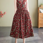 Loose Oversize Drawstring Floral Printed Round-Neck Midi Dresses