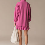 Sporty Retro Pink Cotton Half-Zip Ruffle Sweatshirt Mini Dress