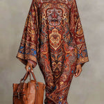 Long Sleeves Loose Contrast Color Printed Mock Neck Midi Dresses