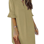 A-Line Flared Sleeves Pleated Ruffled Solid Color Split-Joint V-Neck Mini Dresses