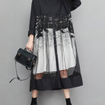 A-Line Long Sleeves Buttoned Gauze Printed Split-Joint Lapel Midi Dresses