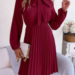 Long Sleeves Loose Pleated Solid Color Tied Mock Neck Mini Dresses