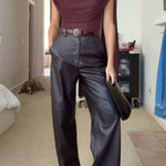 Elegant High-waist Wide-leg Faux Leather Pants