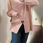 Long Sleeves Loose Split-Front Mock Neck Pullovers Sweater Tops