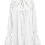 A-Line Flared Sleeves Buttoned Elasticity Pleated Solid Color Tied Zipper Stand Collar Mini Dresses